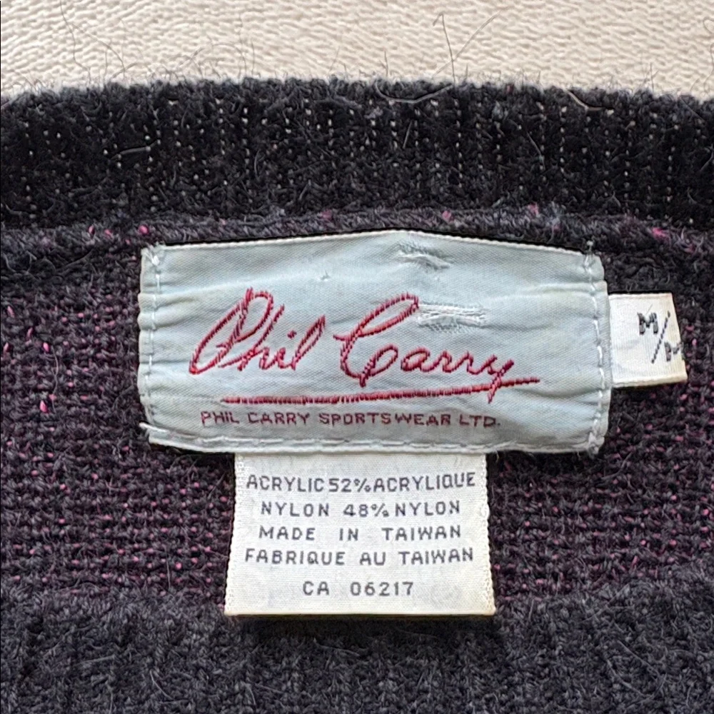 Vintage Phil Carry 1980s Sweater Jumper Acrylic Nylon Medium Black Fuchsia - Picture 4 of 9